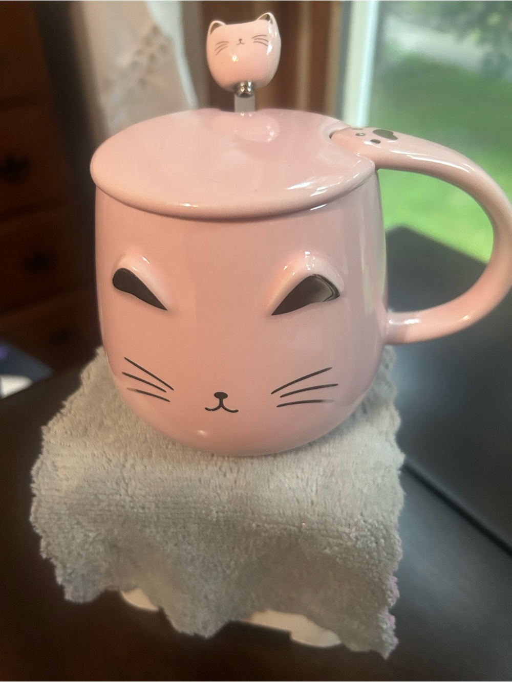 Pink and Gold Cat Ceramic Mug with Lid and Spoon